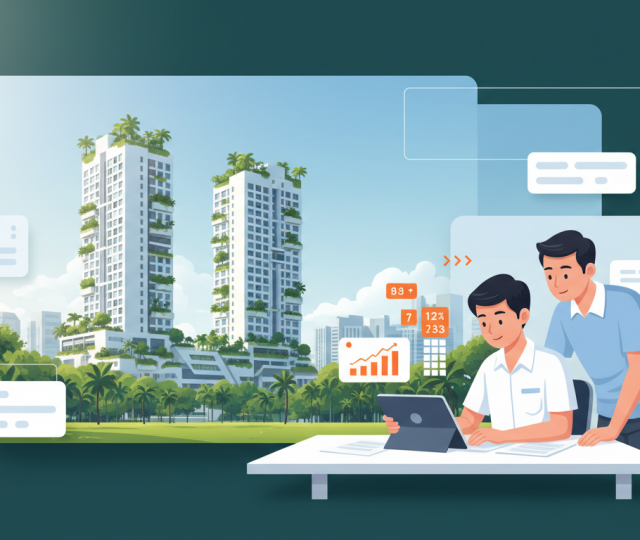 Singapore junior college towers, student and parent at desk, lush greenery, modern academic theme.