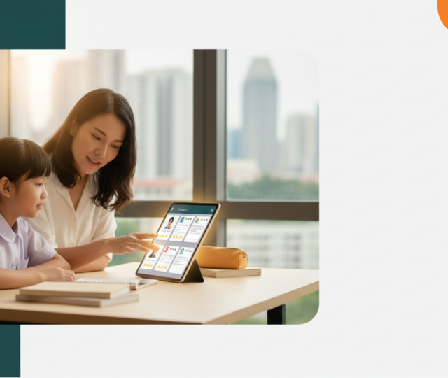 Singaporean mother and child at desk with tablet, city skyline backdrop.
