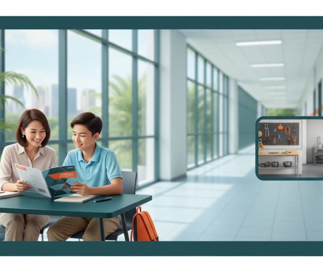 Singaporean mother and teen review school guide at a study table in a modern campus setting.