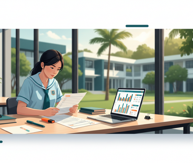 Singaporean student at desk with checklist, laptop, and plant in bright academic space.