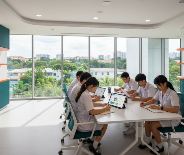 Singaporean students in white uniforms study at a modern campus table with tablets, green landscape view.