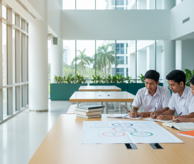 Students in a modern Singaporean campus, collaborating at a desk with academic roadmap.