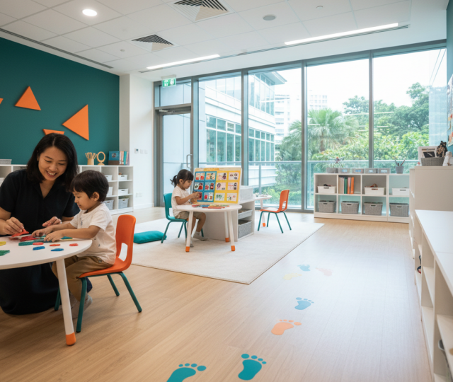 Teacher guides child with tactile learning in bright, modern Singapore classroom.
