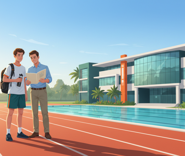 Teen athlete and parent discuss school brochure on track in Singapore, with pool, modern building, lush greenery, skyline in background.