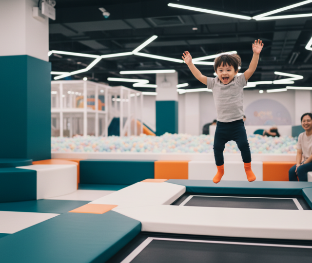 Toddler bouncing on trampoline in vibrant indoor play venue, joyful and energetic.